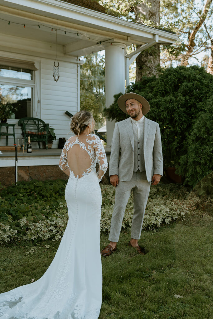 bride and groom first look