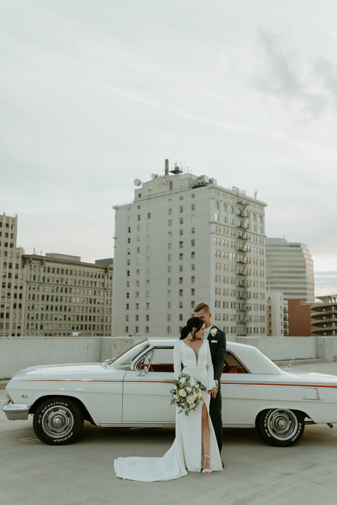 bride and groom on hotel rooftop in Spokane, WA